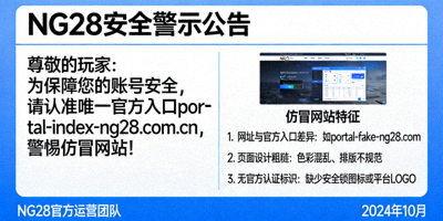 NG28官方发布的安全警示公告图片，提醒玩家认准统一入口portal-index-ng28.com.cn，并展示仿冒网站识别方法