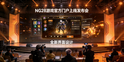 NG28游戏官方门户上线发布会现场，大屏幕展示全新界面设计