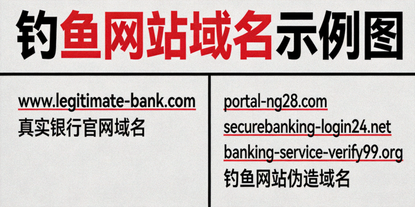 钓鱼网站域名示例图，展示与官方域名相似的虚假网址如portal-ng28.com等