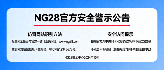 NG28官方安全警示公告示例图，包含仿冒网站识别方法与安全访问提示