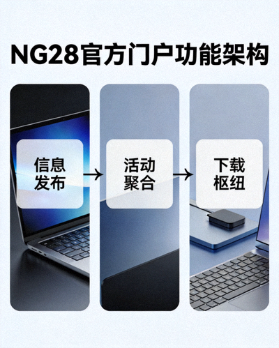 NG28官方门户功能架构示意图，展示信息发布、活动聚合、下载枢纽等核心模块关系