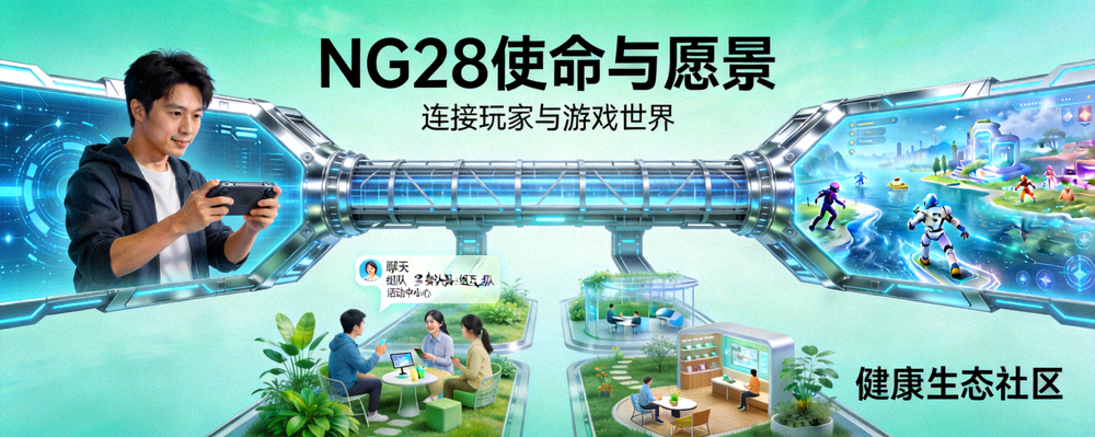 NG28使命与愿景概念图，展示连接玩家与游戏世界的桥梁以及健康生态社区
