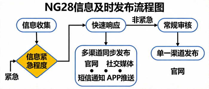 NG28信息及时发布流程图，强调快速响应与多渠道同步发布机制