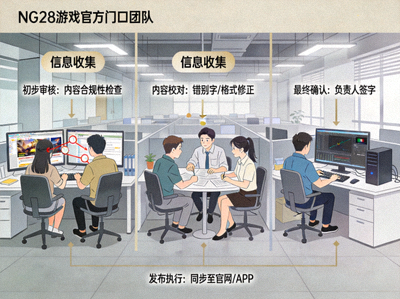 NG28游戏官方门户团队工作场景，展示严谨的信息审核与发布流程